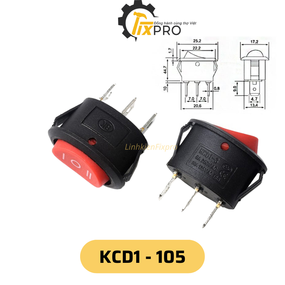 Công tắc bập bênh tròn KCD1-105 6A250V 3 chân 3 chế độ có đèn 20mm