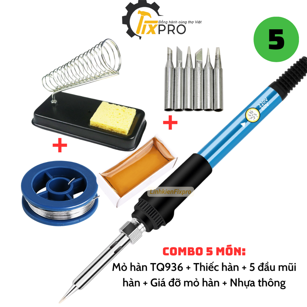 Mỏ Hàn Thiếc Điều Chỉnh Nhiệt Độ 60W TQ936 220W tặng kèm nhựa thông + thiếc hàn + 5 đầu mũi hàn + giá đỡ mỏ hàn