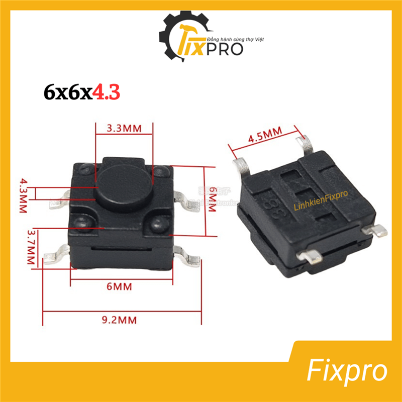 Nút nhấn 4 chân 6x6x4.3mm cảm ứng chống nước chất lượng tốt (Túi 10 con)