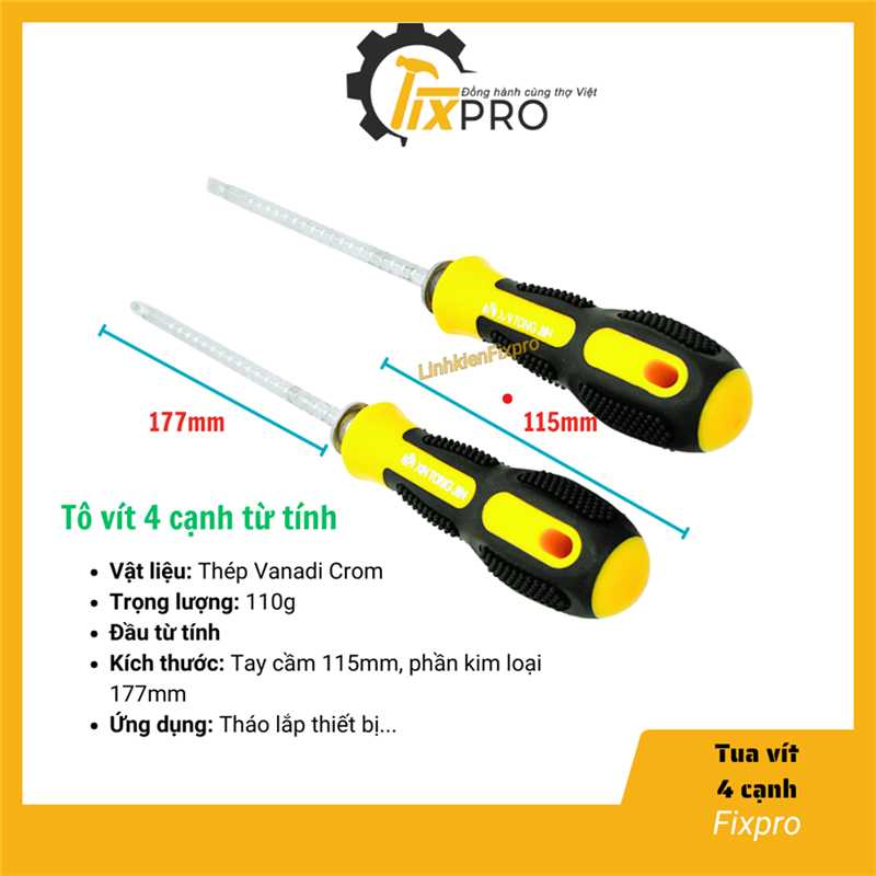Tô vít 4 cạnh to Tua vít đa năng 4 cạnh thép cứng đầu từ tính siêu cứng, chắc chắn màu vàng
