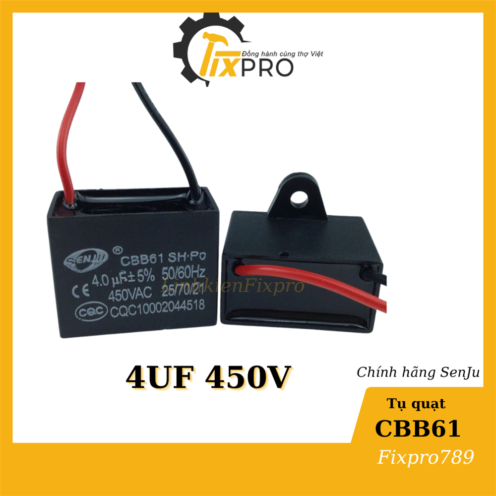 Tụ quạt 4UF 450V CBB61  dây chính hãng SENJU, JCCONs