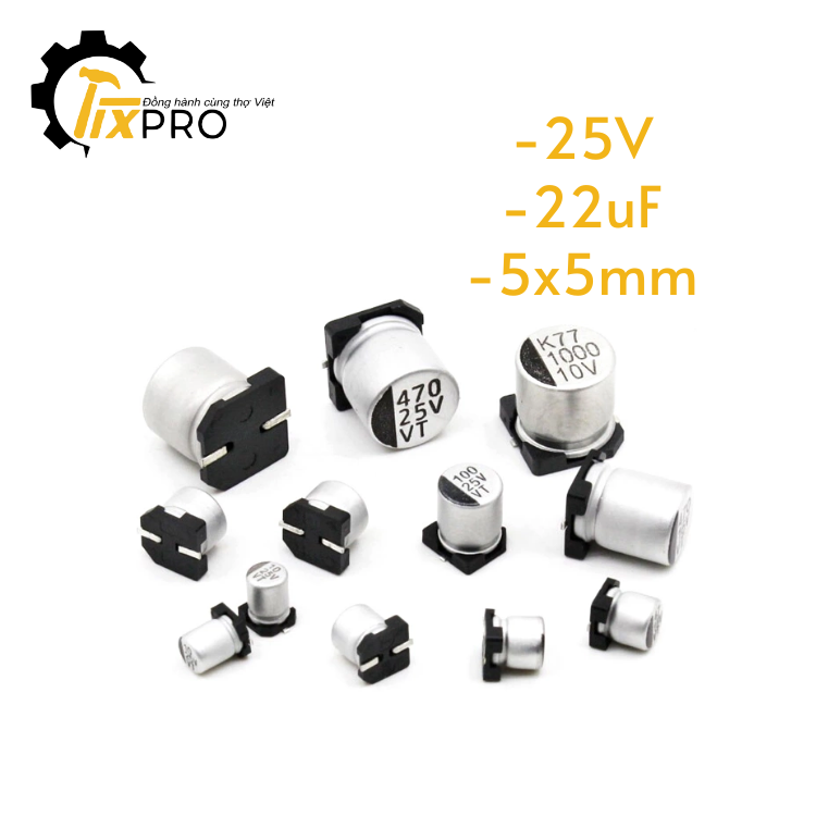 Tụ điện nhôm 25V 22uF kích cỡ 5x5mm.