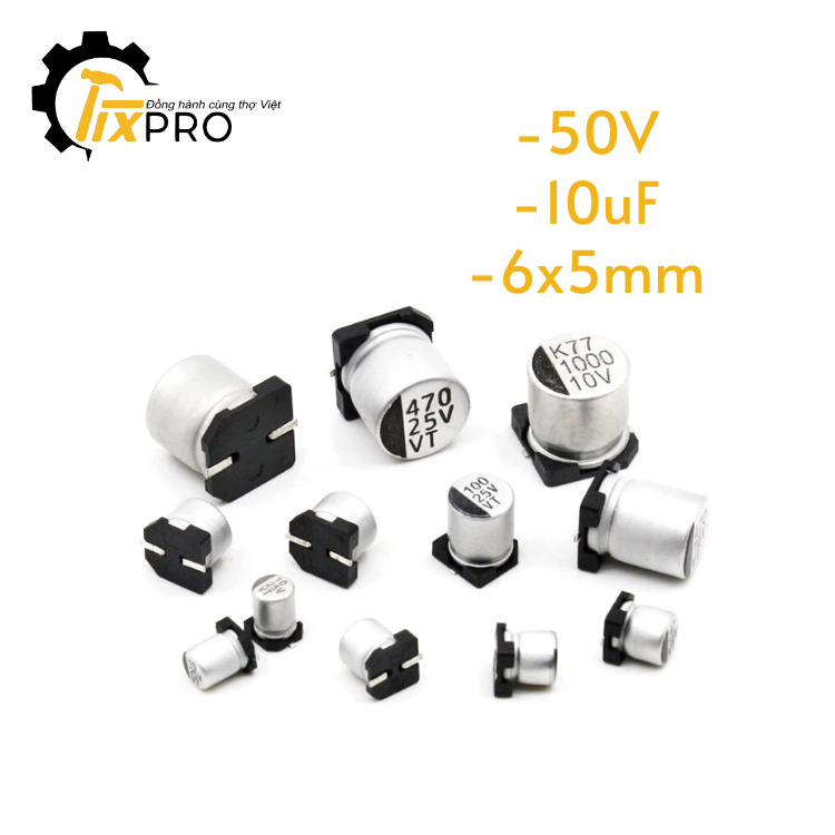 Tụ điện nhôm 50V 10uF kích cỡ 6x5mm.