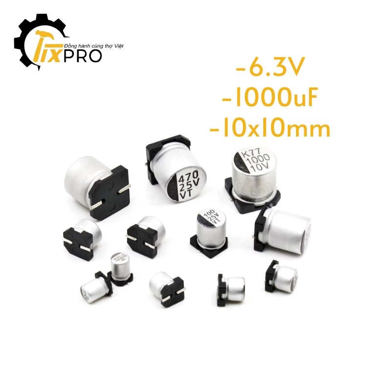 Tụ điện nhôm 6.3V 1000uF kích cỡ 10x10mm.