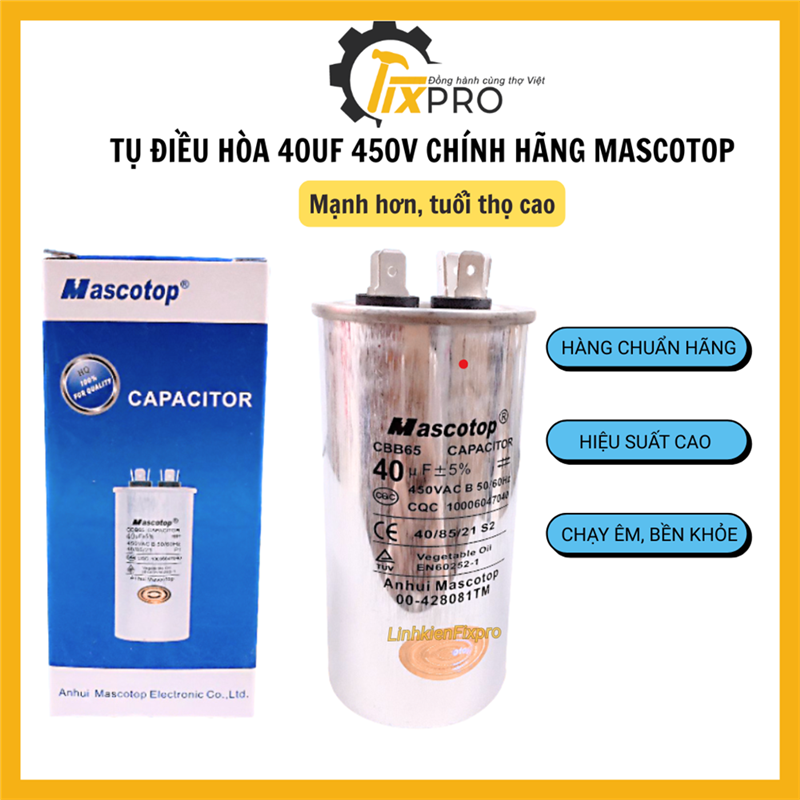 Tụ điều hòa 40UF 450V CBB65 chính hãng Mascotop