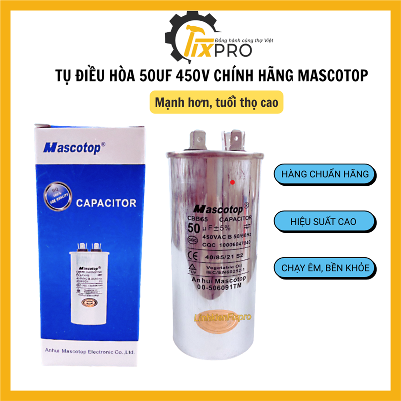 Tụ điều hòa 50UF 450V CBB65 chính hãng Mascotop