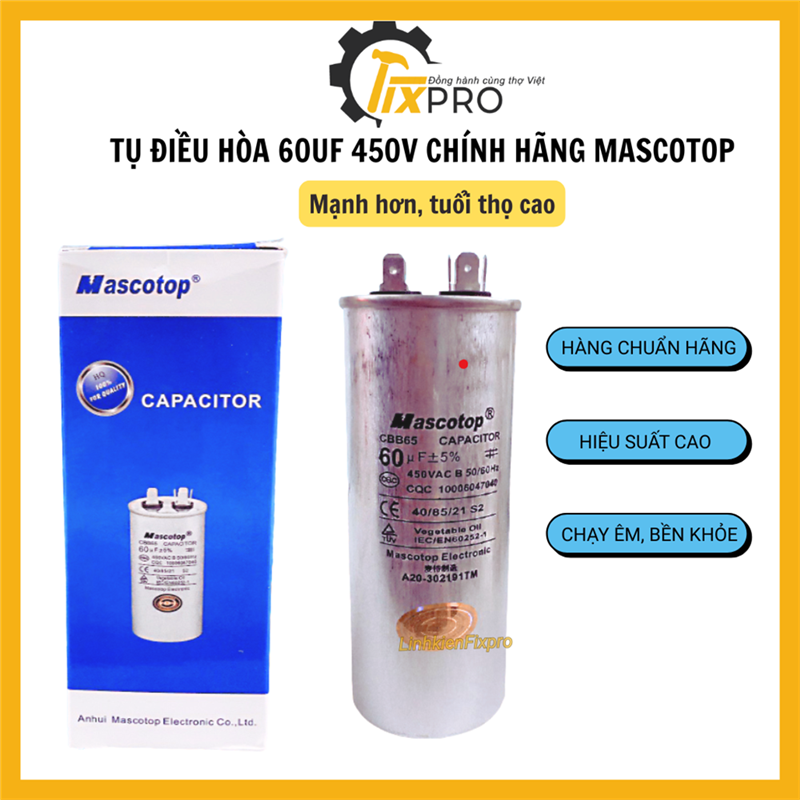 Tụ điều hòa 60UF 450V CBB65 chính hãng Mascotop
