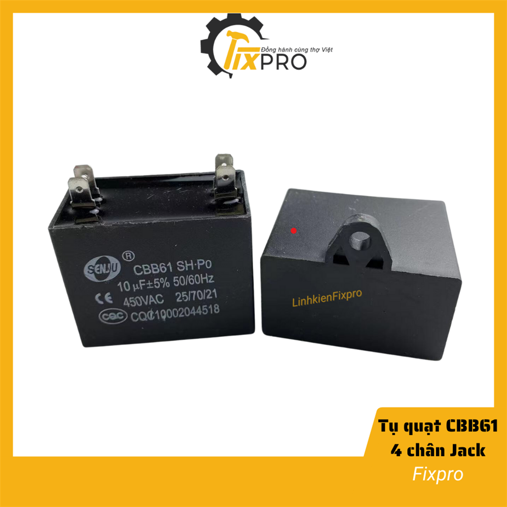 Tụ quạt 10UF 450VAC CBB61 4 chân cắm jack chính hãng SENJU