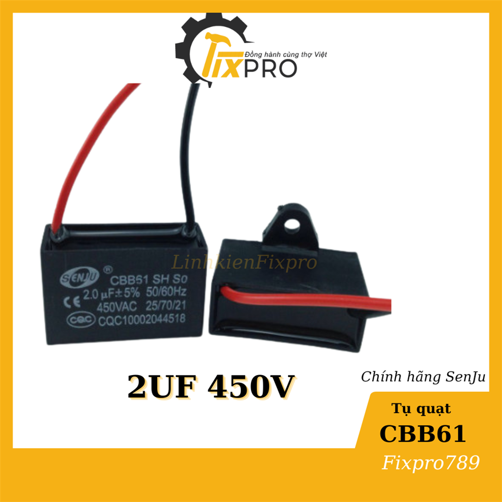 Tụ quạt 2UF 450V CBB61  dây chính hãng SENJU loại tốt