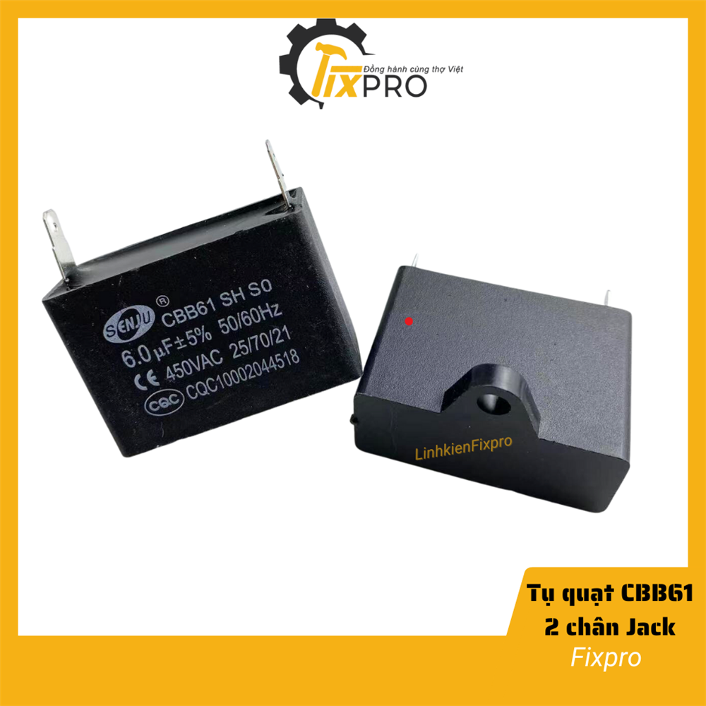 Tụ quạt 6UF 450VAC CBB61 2 chân cắm jack chất lượng tốt