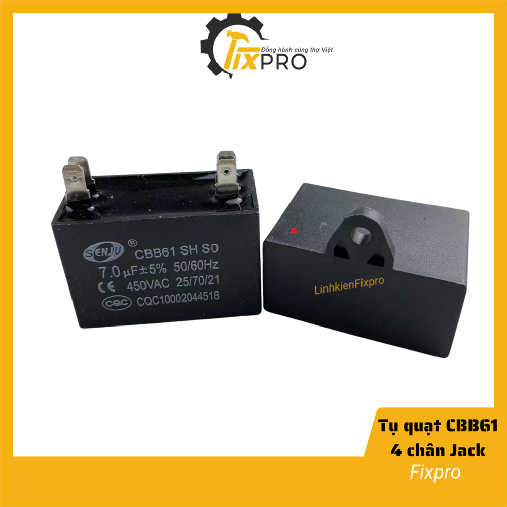 Tụ quạt 7UF 450VAC CBB61 4 chân cắm jack chính hãng SENJU