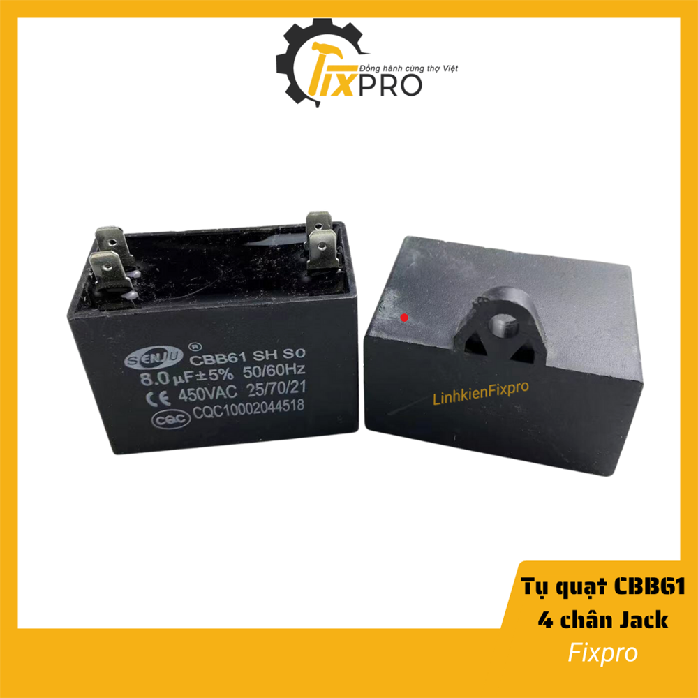 Tụ quạt 8UF 450VAC CBB61 4 chân cắm jack chính hãng SENJU