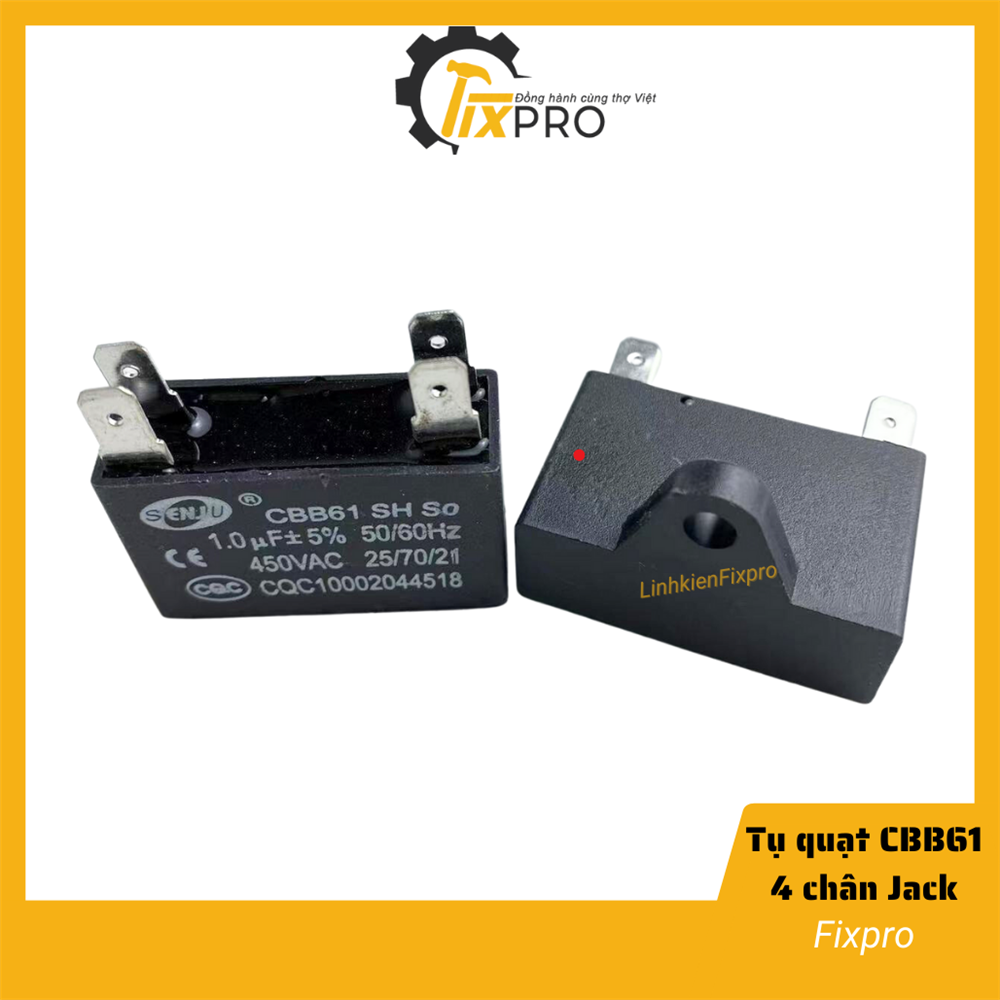 Tụ quạt 1UF 450VAC CBB61 4 chân cắm jack chính hãng SENJU