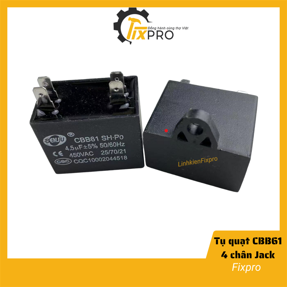 Tụ quạt 4.5UF 450VAC CBB61 4 chân cắm jack chính hãng SENJU