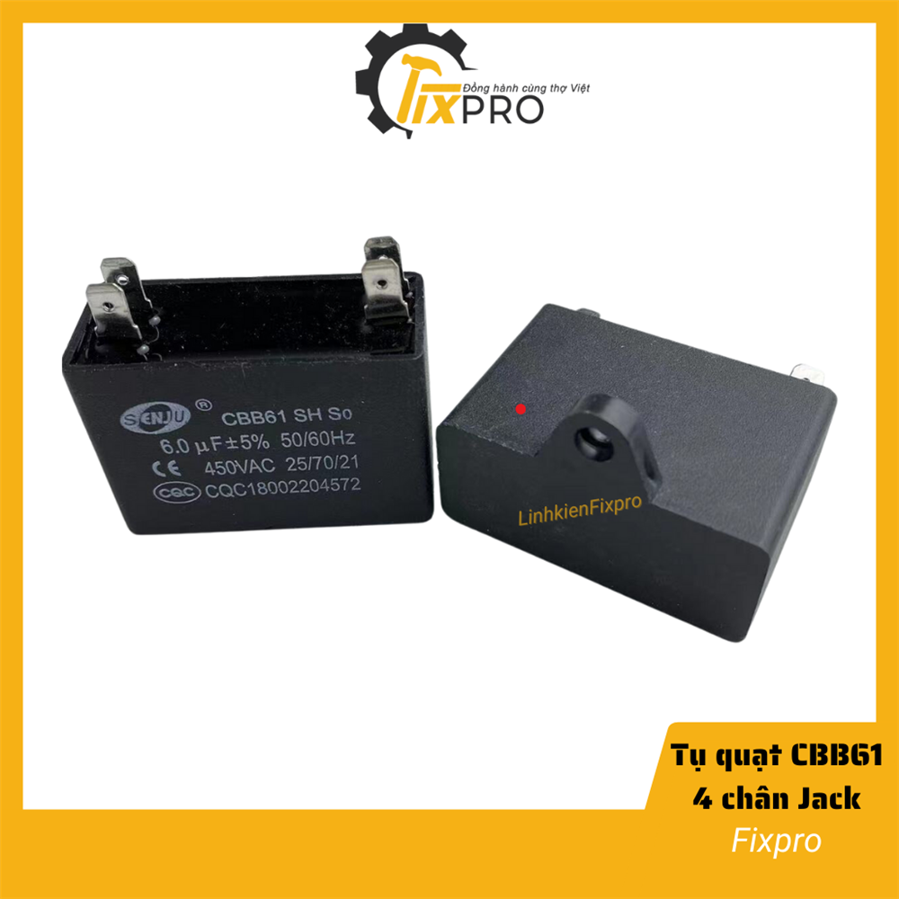 Tụ quạt 6UF 450VAC CBB61 4 chân cắm jack chính hãng SENJU